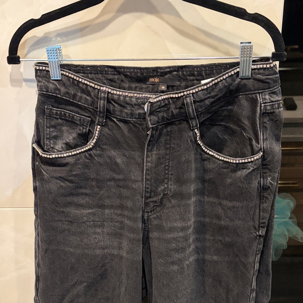 Maje Black Washed Jeans with Rhinestone Trim